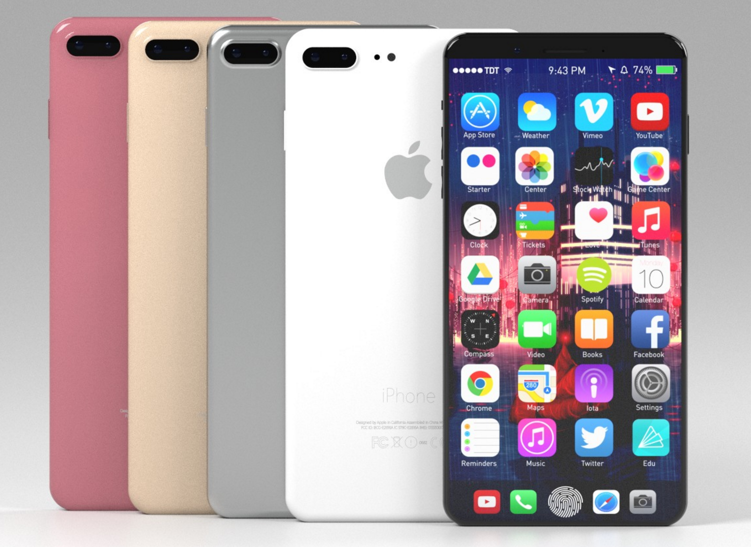 Un concept (rien d'officiel) préfigurant ce à quoi pourrait ressembler le futur iPhone. On y constate l'apparition d'un écran AMOLED quasi intégral, et la disparition du bouton Home (Touch ID serait conservé, mais sous l'afficheur).